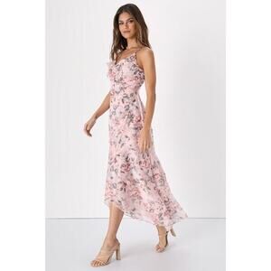Lulus Dainty Love Blush Pink Floral Ruffled High-low Faux-wrap Dress - Size M